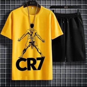 Tracksuit Men's New CR7 Printed Amazing Smart Fit Yellow T-Shirts And Black Shorts Soft & Comfy Fabric For Men And Boys-copy