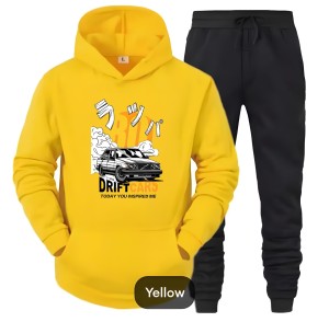 Tracksuit Yellow Huddie & Black Trouser Trendy And Amazing Car Drifting Printed Fleece Pocket Drawstring Winter Wear Smart Fit Hoody