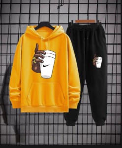 Tracksuit Yellow Huddie & Black Trouser Trendy And Amazing Hand With Cup Printed Fleece Pocket Drawstring Winter Wear Smart Fit Hoody