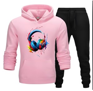 Tracksuit Pink Huddie & Black Trouser Trendy And Amazing Headphone Printed Fleece Pocket Drawstring Winter Wear Smart Fit Hoody