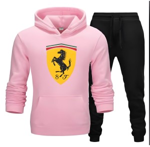 Tracksuit Pink Huddie & Black Trouser Trendy And Amazing Farrari Printed Fleece Pocket Drawstring Winter Wear Smart Fit Hoody