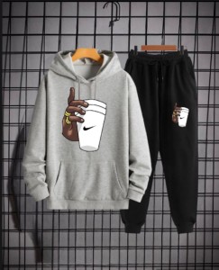 Tracksuit Grey Huddie & Black Trouser Trendy And Amazing Hand With Cup Printed Fleece Pocket Drawstring Winter Wear Smart Fit Hoody