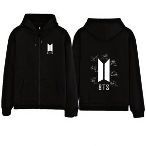 New Black Zipper huddie Front Back Sinature Of Bts Members Printed Pocket Drawstring Pullovers Clothing Long Sleeves Export Quality Winter Wear