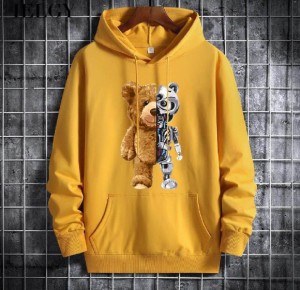 Trendy New Famous Robo Bear Printed Kangaroo Hoodie In Yellow Pocket Drawstring Pullovers Clothing Long Sleeves Export Quality Winter Wear