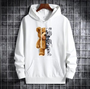 Trendy New Famous Robo Bear Printed Kangaroo Hoodie In White Pocket Drawstring Pullovers Clothing Long Sleeves Export Quality Winter Wear