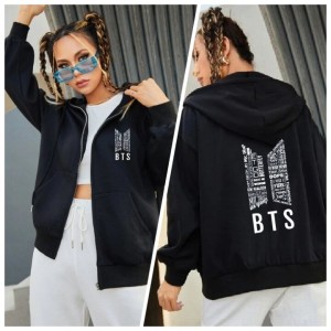 Trendy New Black Zipper huddie Front Back Bts Printed Pocket Drawstring Pullovers Clothing Long Sleeves Export Quality Winter Wear