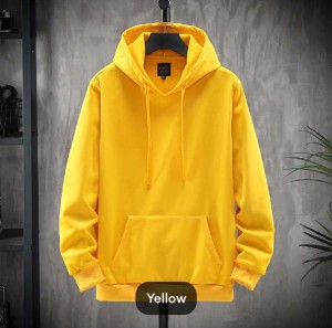 Trendy Plain huddie In Yellow Pocket Drawstring Pullovers Clothing Long Sleeves Export Quality Winter Wear For Men And Boys