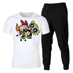 Trendy POWERPUFF Printed Summer Tracksuit For Women & Girls Tee-shirt with trousers New Design Round Neck Half Sleeves T Shirts Top Quality Gym Wear