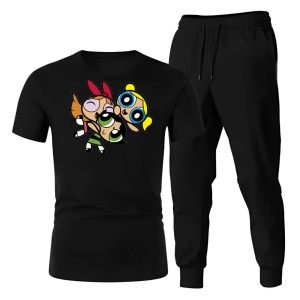 Trendy POWERPUFF Printed Summer Tracksuit For Women & Girls Tee-shirt with trousers New Design Round Neck Half Sleeves T Shirts Top Quality Gym Wear