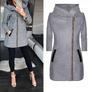 Women Long Leather Patch Side Zipper Jacket For Her.