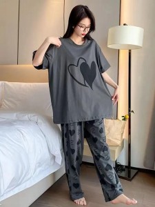 Grey with Black Heart Printed Tshirt and Trouser For Her