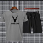 Markhor Printed Cotton Summer Tracksuit Shorts & T Shirt In Grey For Men n boys